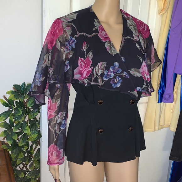 Vintage 80’s pink black sheer chiffon collar bow blazer jacket M - Picture 7 of 12